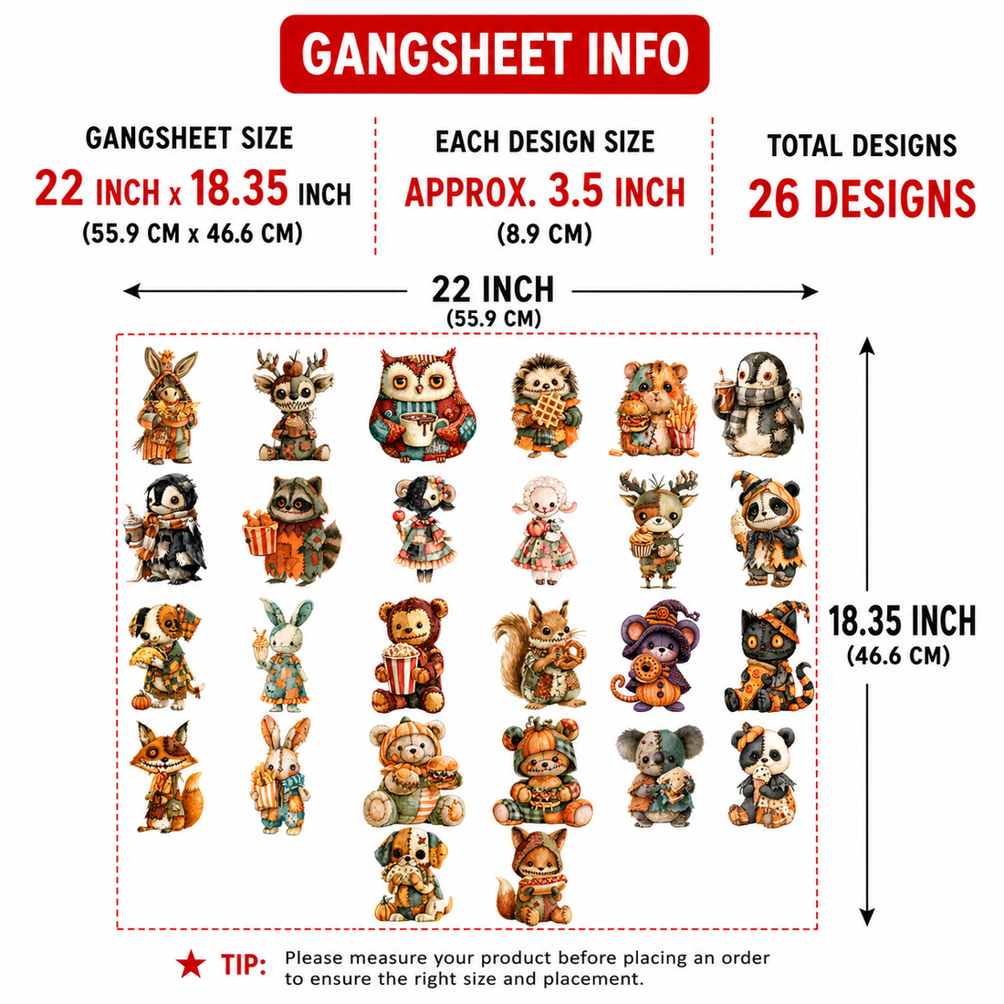 Halloween Teddy Animals 3.5" DTF Transfers, Set of 26