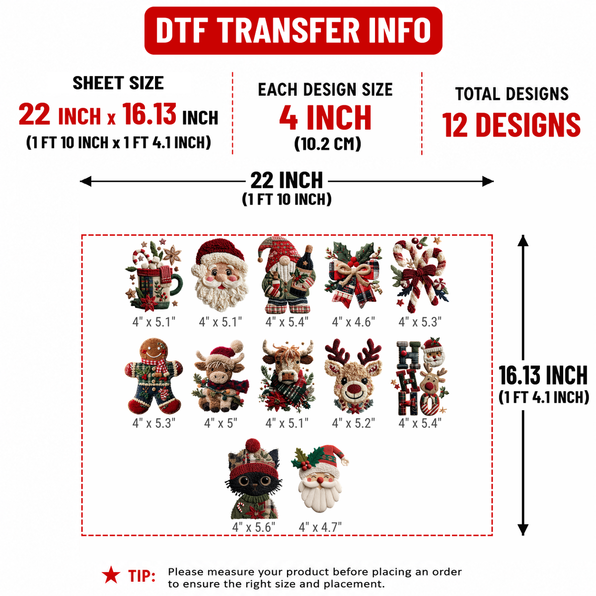 Christmas Pocket Patch 4" DTF Transfers, Set of 12