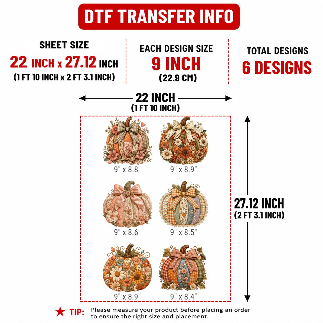 Floral Pumpkin Patchwork 9" DTF Transfers, Set of 6
