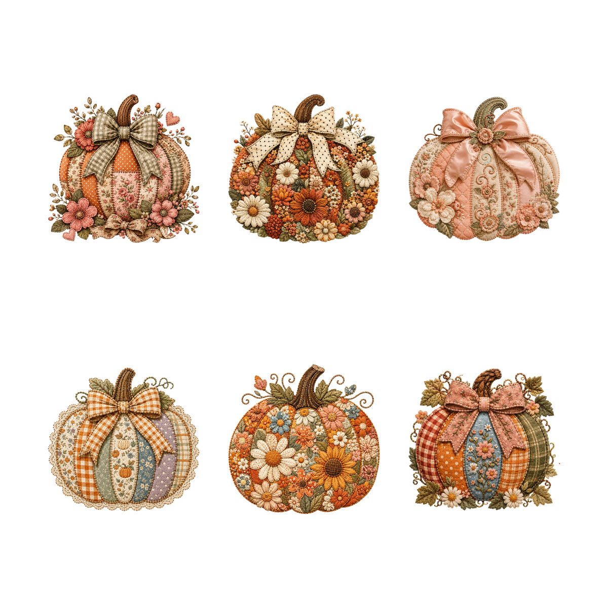 Floral Pumpkin Patchwork 9" DTF Transfers, Set of 6