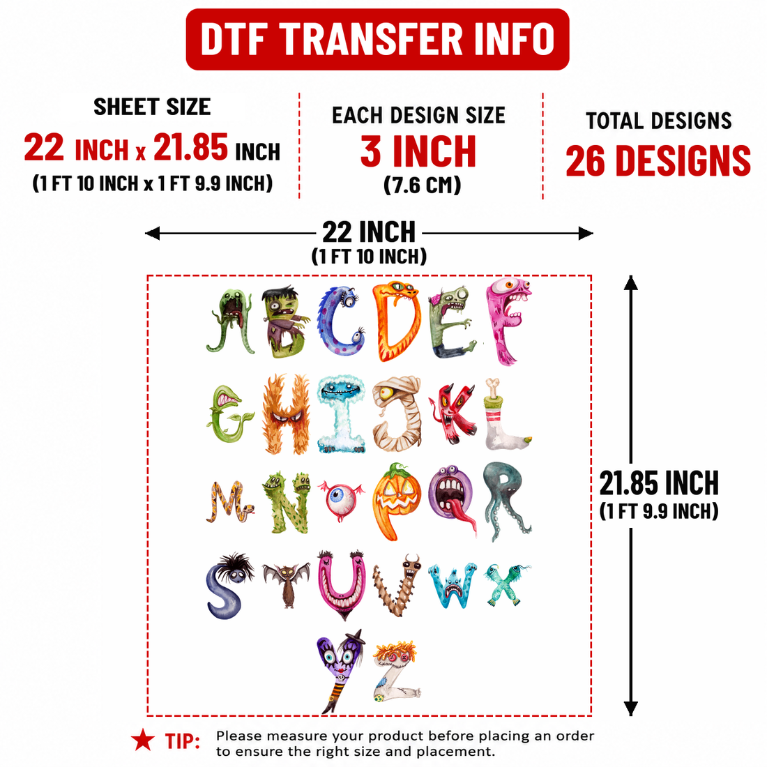 Monster Alphabets 3" DTF Transfers, Set of 26