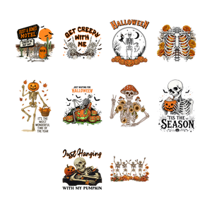 Pumpkin Skeleton Halloween 9" DTF Transfers, Set of 10