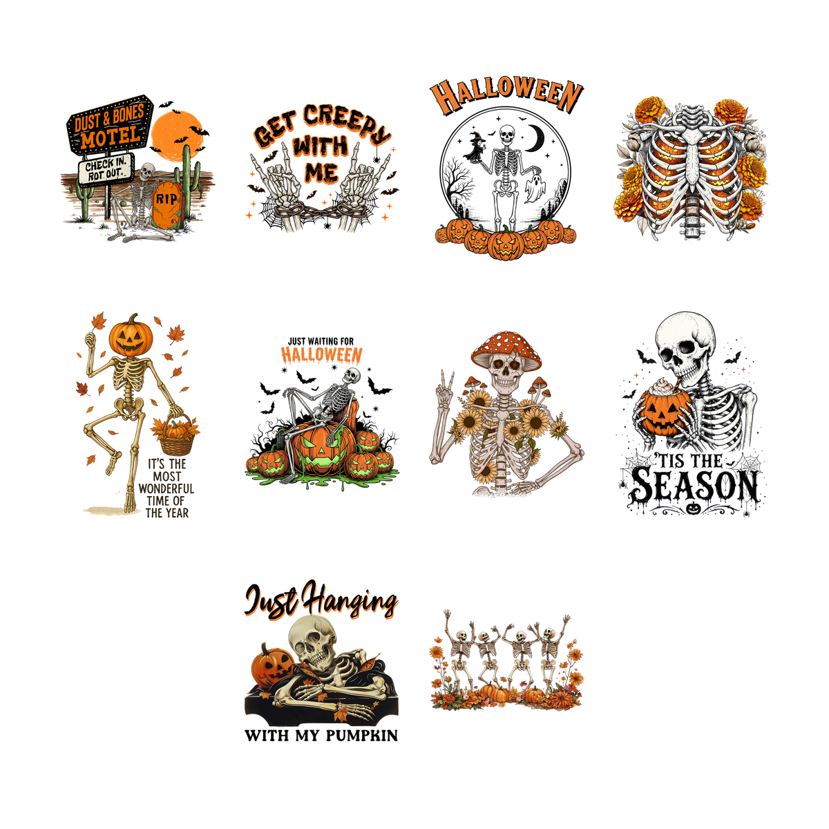 Pumpkin Skeleton Halloween 9" DTF Transfers, Set of 10