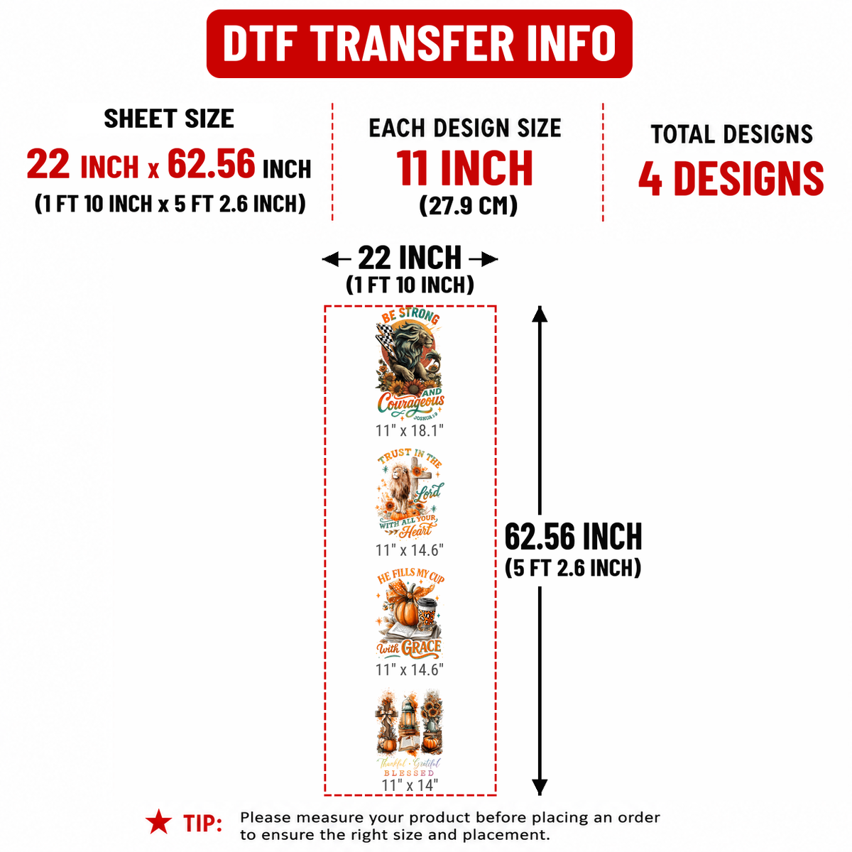 Thanksgiving Blessings 11" DTF Transfers, Set of 4