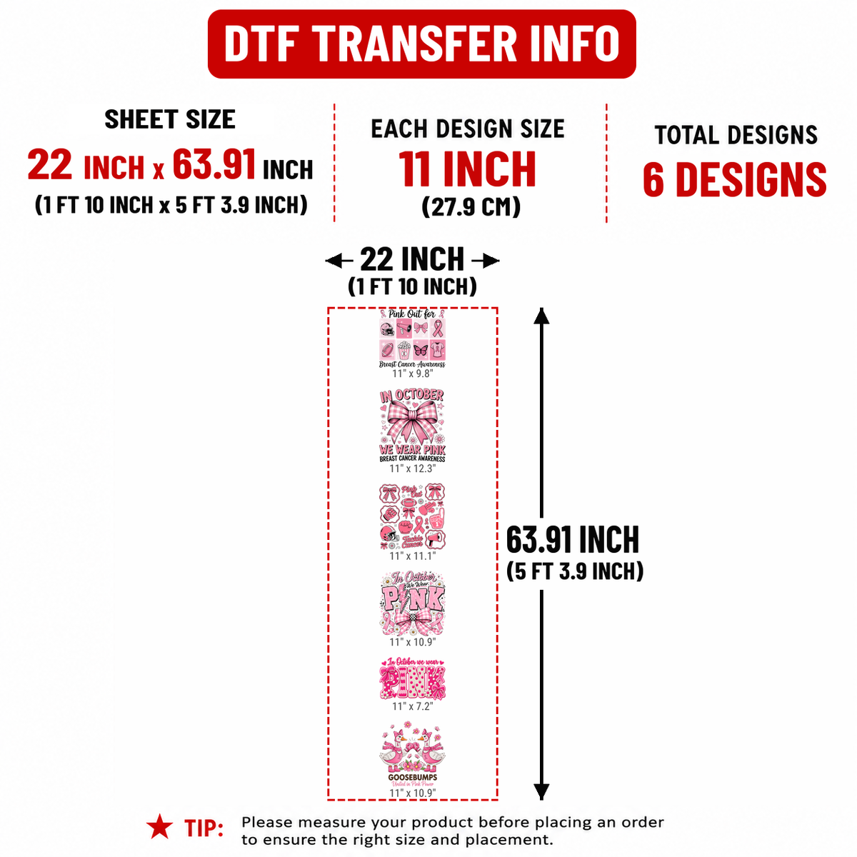 We Wear Pink 11" DTF Transfers, Set of 6