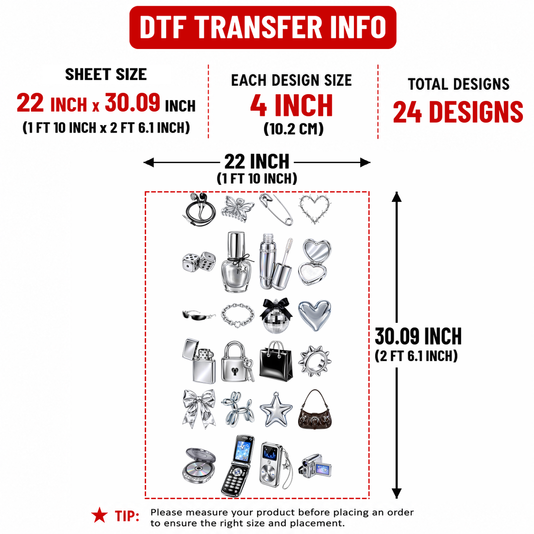 Y2K Chrome Collection 4" DTF Transfers, Set of 24