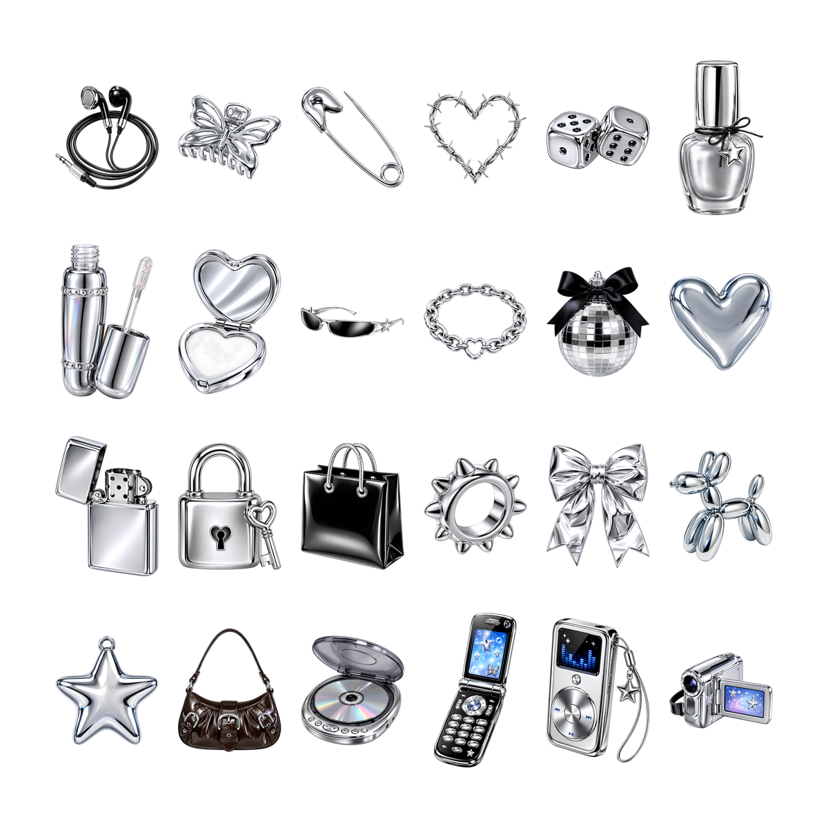 Y2K Chrome Collection 4" DTF Transfers, Set of 24