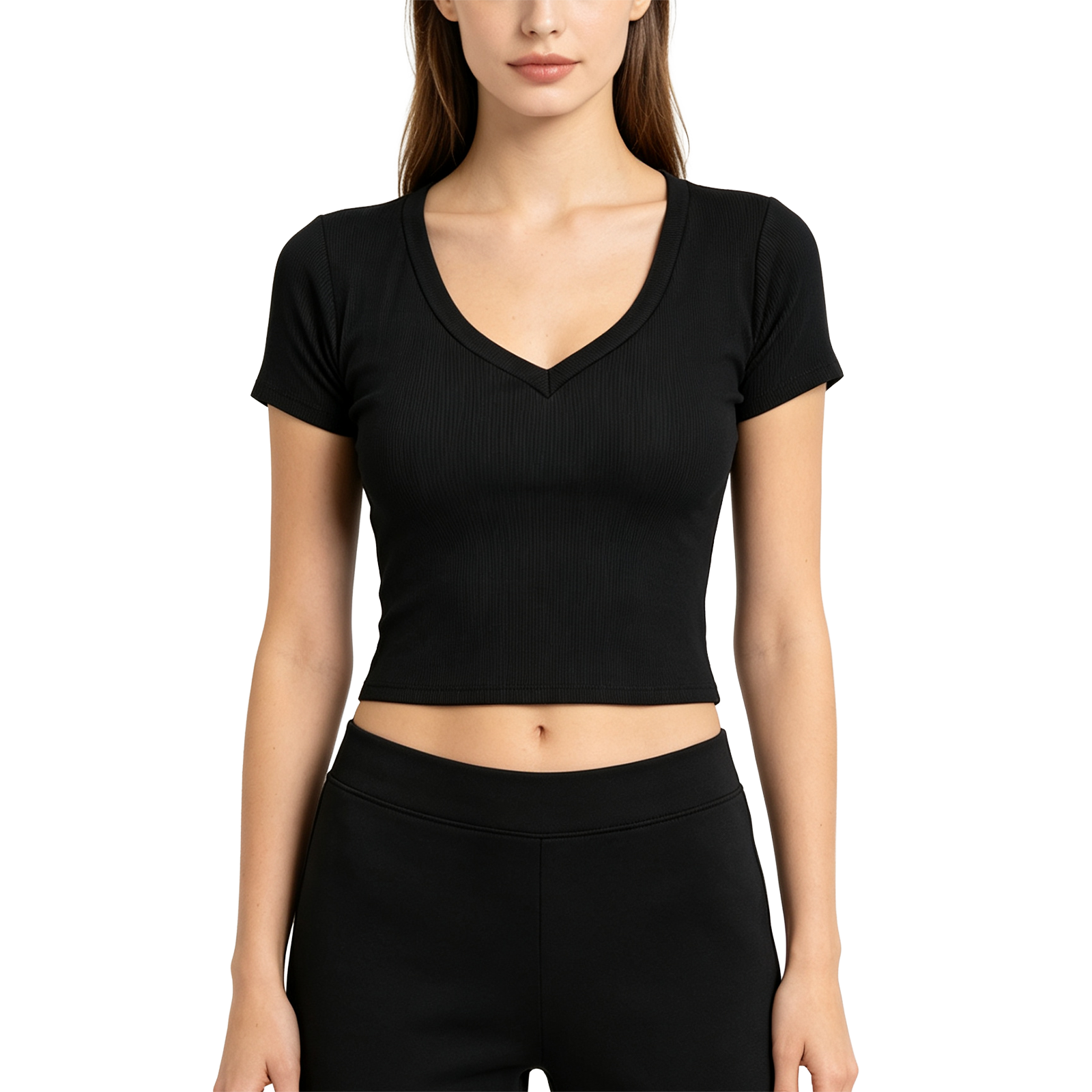 Ice silk ribbed (100% polyester) V-neck women's T-shirt