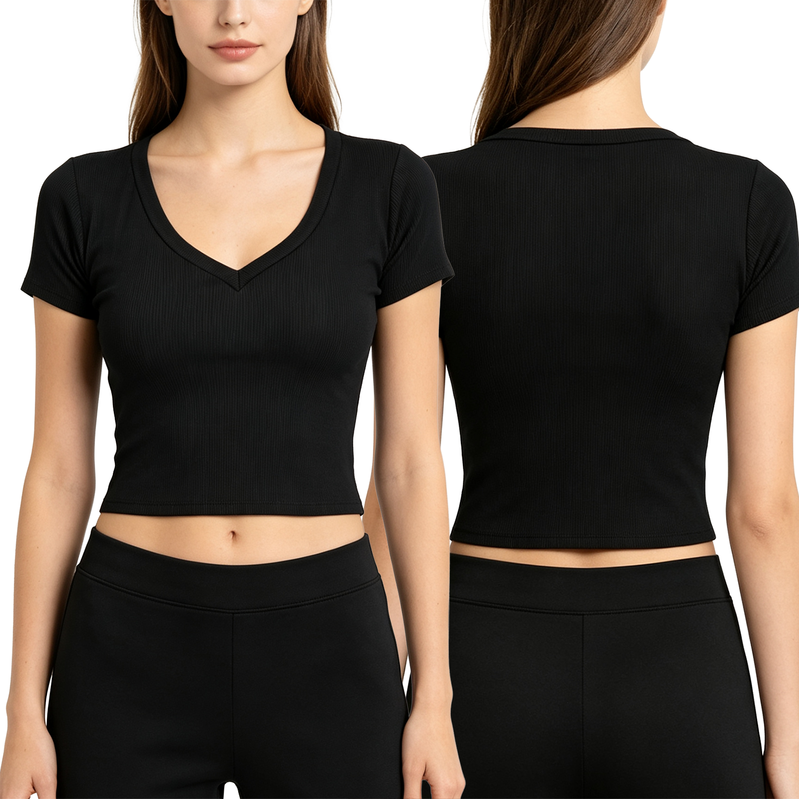 Ice silk ribbed (100% polyester) V-neck women's T-shirt