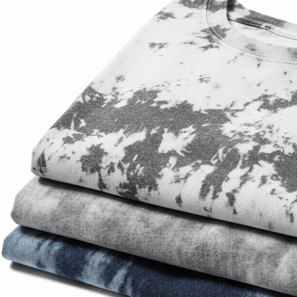 folding acid wash shirt in white, grey blue, 3 of the shirts folded and stacked on each other slightly, close up shot to show quality in 1:1 ratio